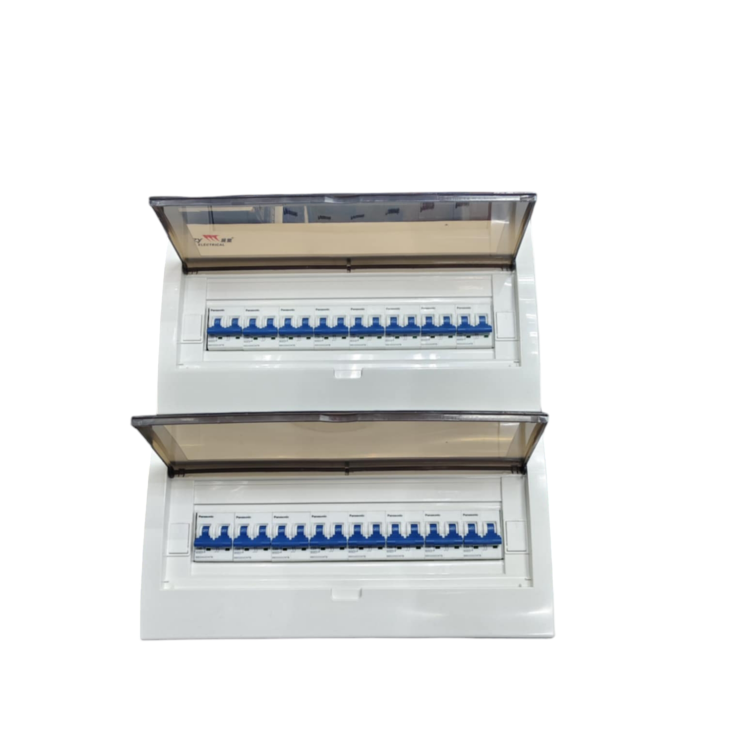 Panasonic Breakers Panel Board 63A with dual rows of circuit breakers and transparent protective covers