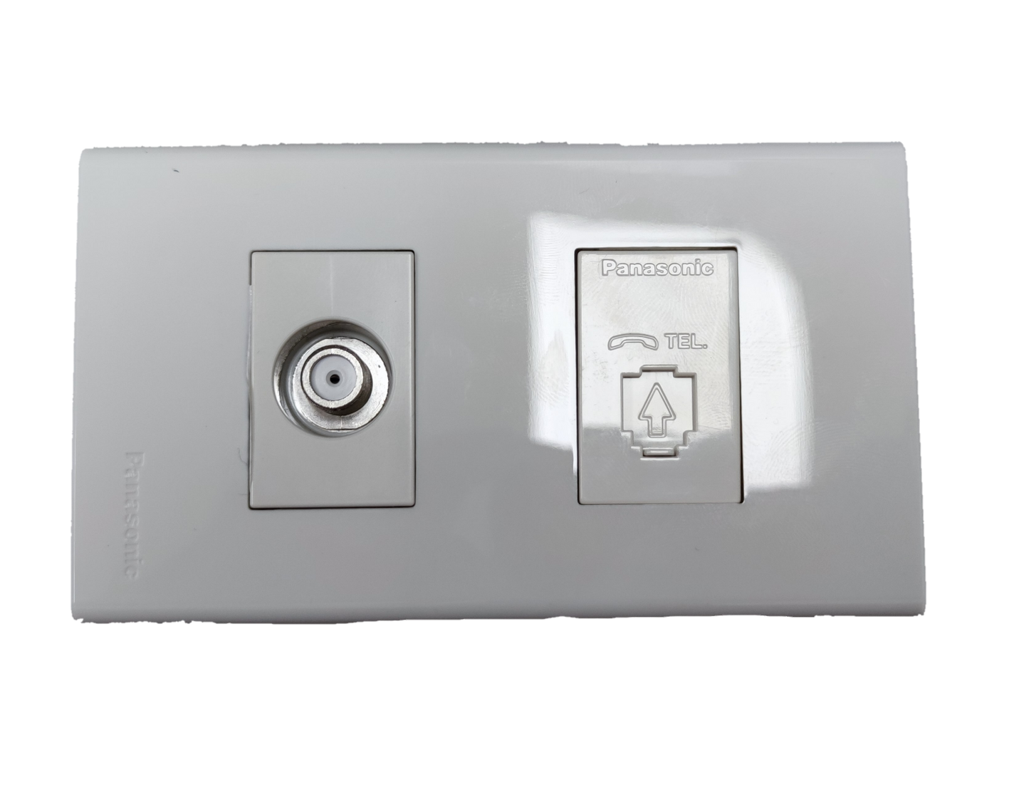 Panasonic power points with cable outlet and telephone outlet in white rectangular faceplate