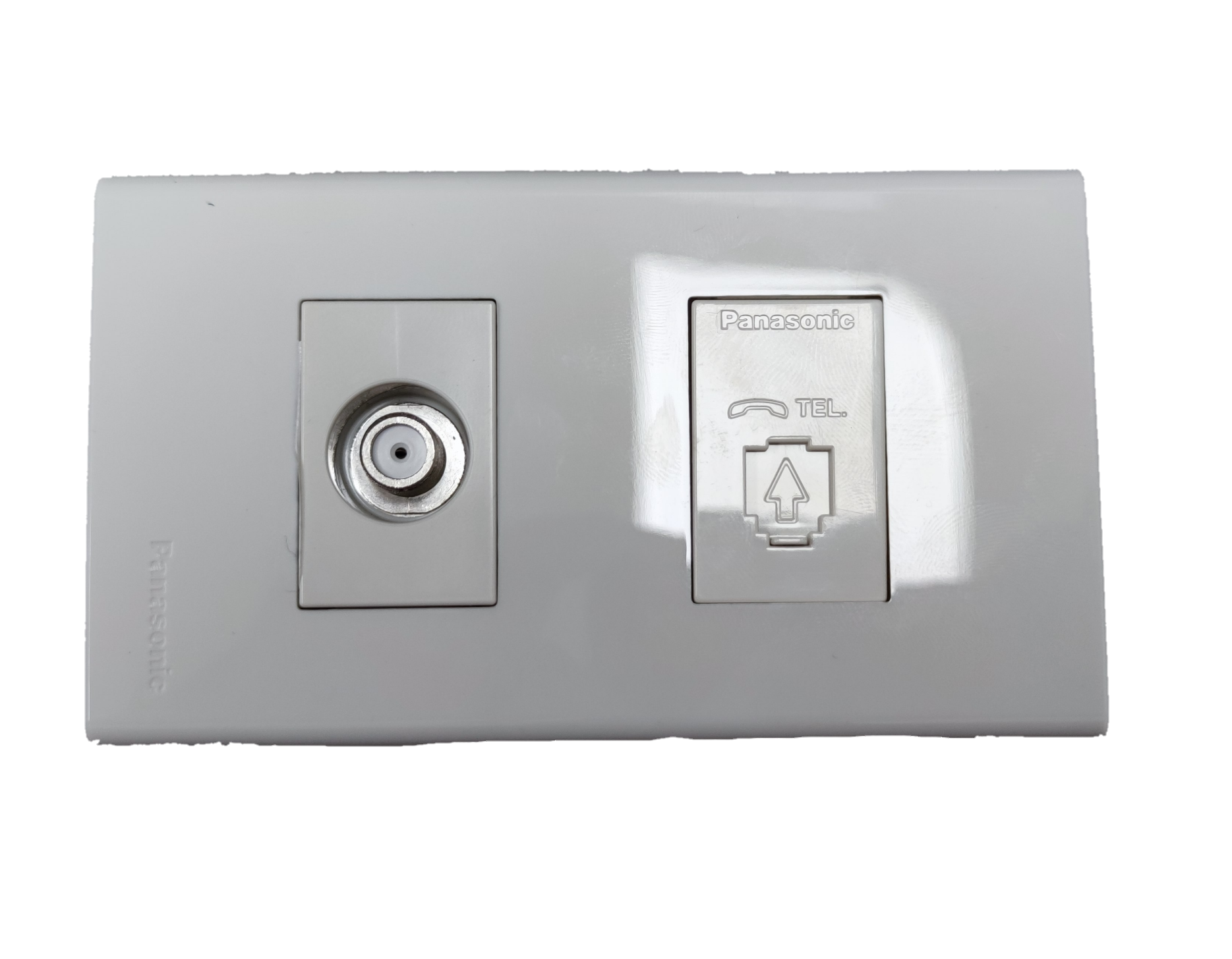 Panasonic power points with cable outlet and telephone outlet in white rectangular faceplate