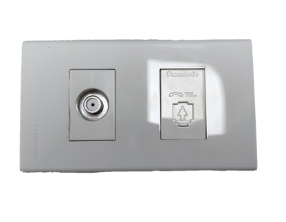 Panasonic power points with cable outlet and telephone outlet in white rectangular faceplate