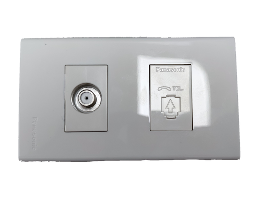 Panasonic power points with cable outlet and telephone outlet in white rectangular faceplate