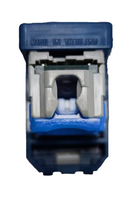 Close-up of Panasonic CAT6 Data Outlet electrical circuitry part in blue and white color