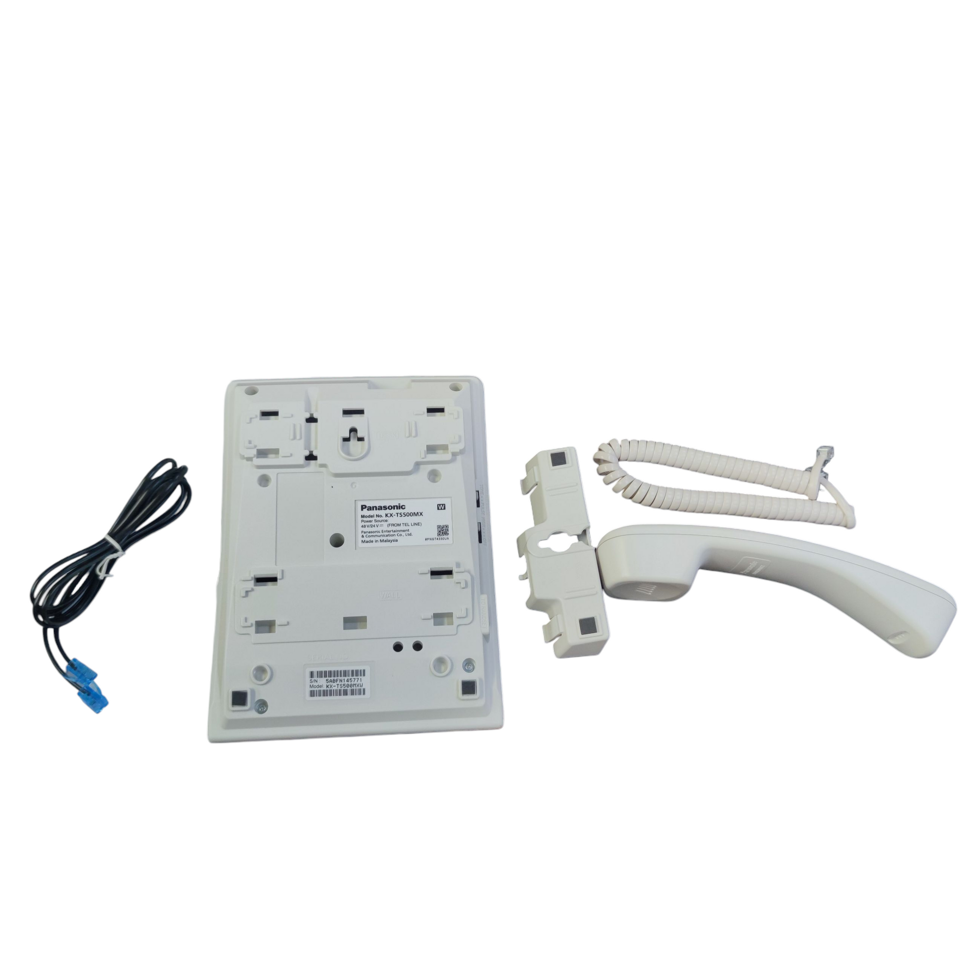 Parts of a white Panasonic desk phone including handset base, handset, coiled cord, and RJ11 cable