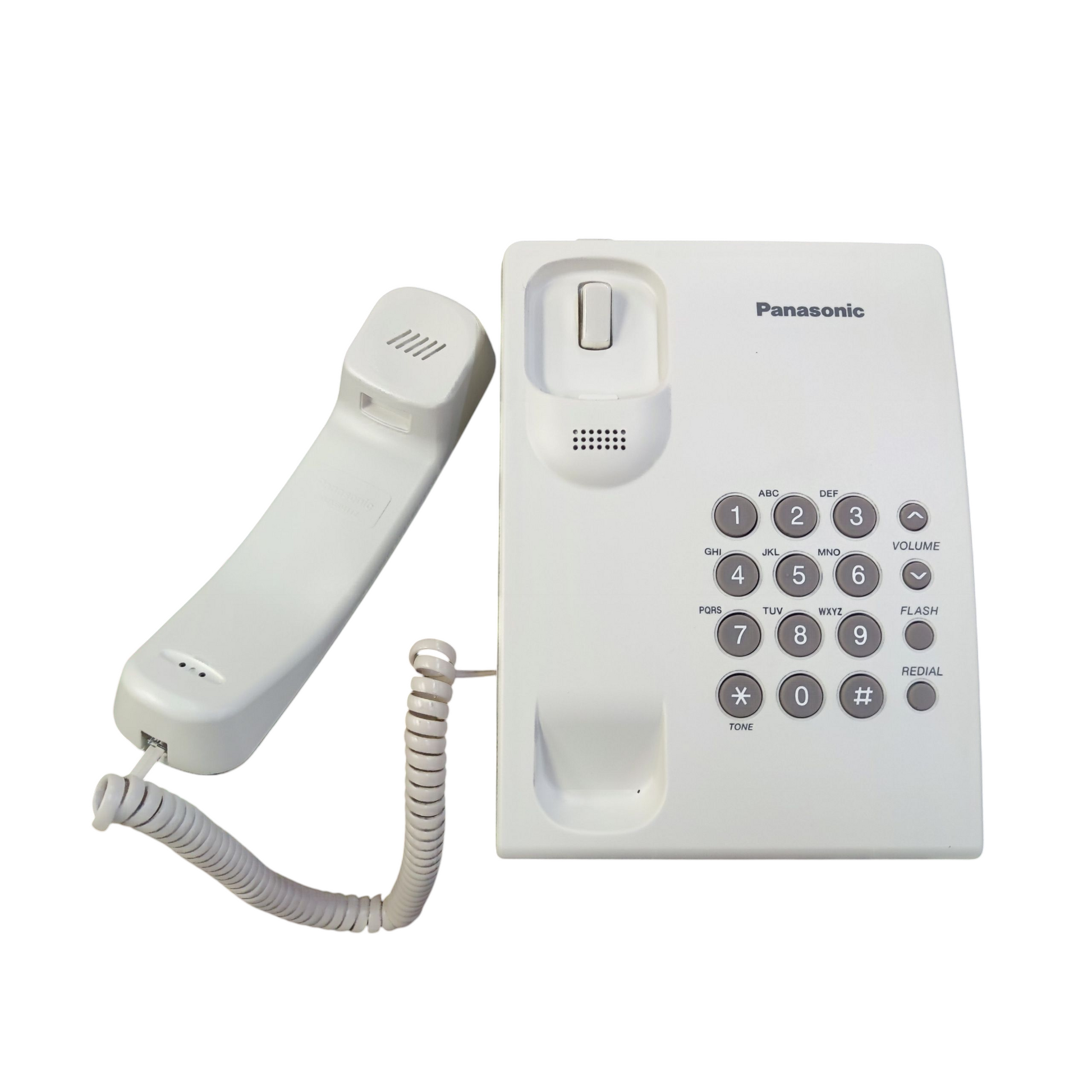 White Panasonic desk phone with corded handset and numeric keypad for office use