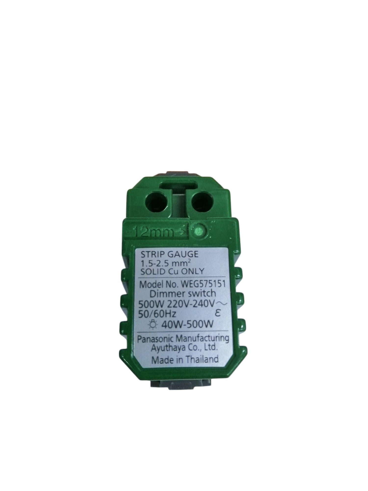Panasonic Dimmer Switch green lighting installation accessory with model and electrical specifications label