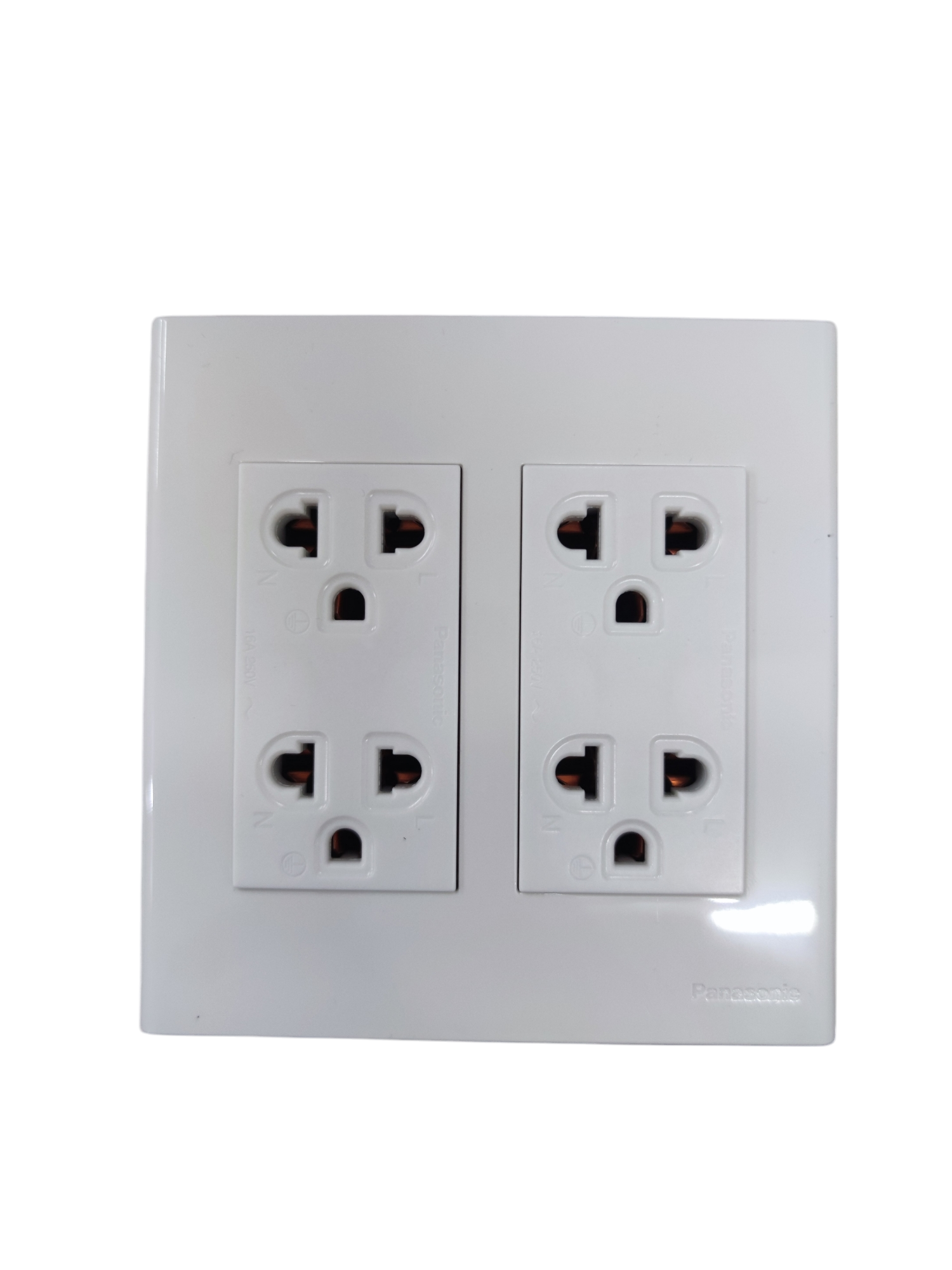 White duplex socket outlet with ground 16A featuring four plug points on a square wall plate