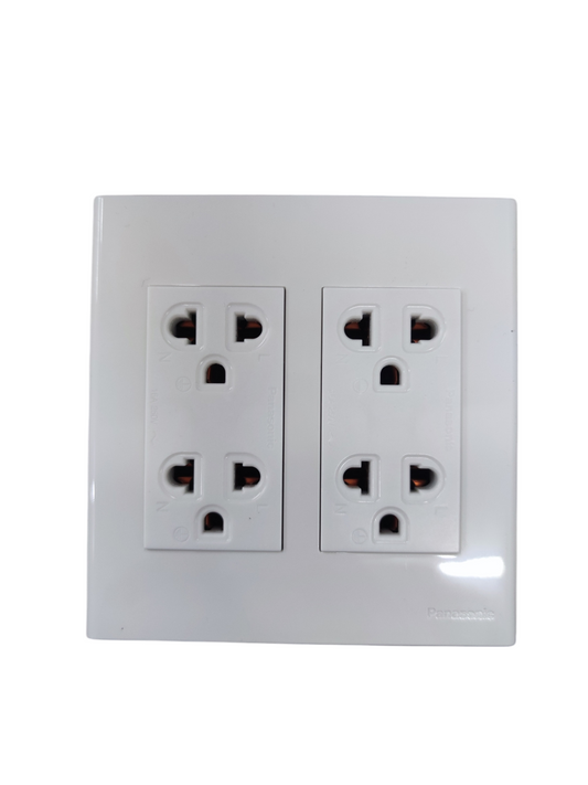 White duplex socket outlet with ground 16A featuring four plug points on a square wall plate