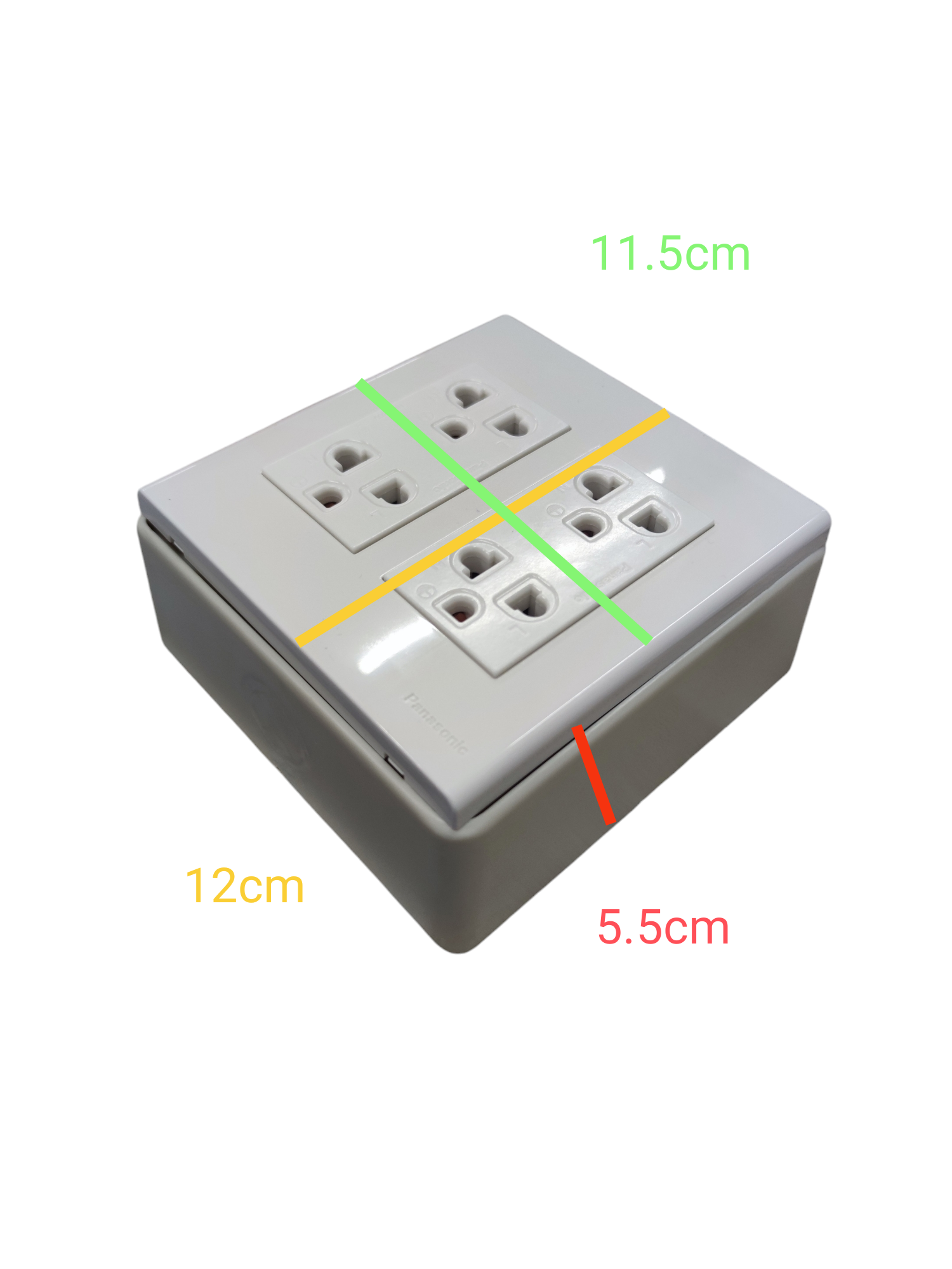 Duplex socket outlet with ground 16A featuring dual outlets in a compact white plastic casing with dimensions