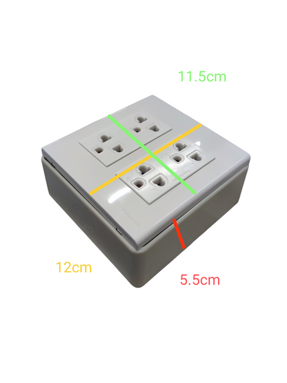 Duplex socket outlet with ground 16A featuring dual outlets in a compact white plastic casing with dimensions