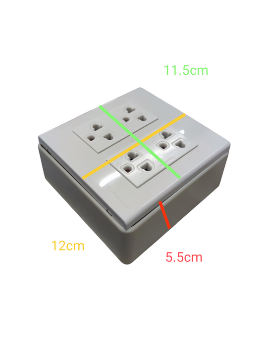 Duplex socket outlet with ground 16A featuring dual outlets in a compact white plastic casing with dimensions