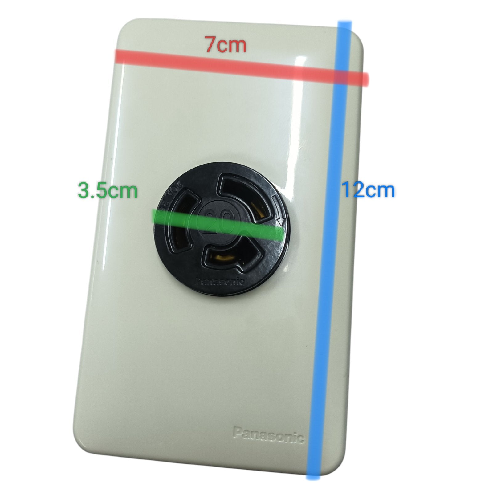 Panasonic wall plate with black industrial twist lock outlet 250V 20a centered and measurement markings