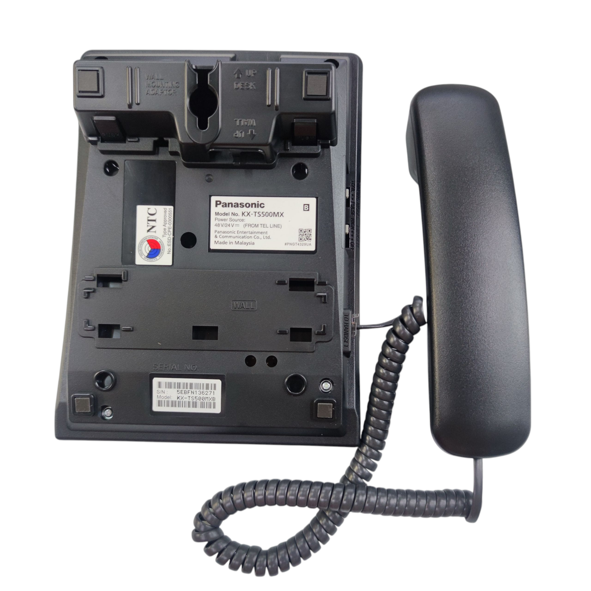 Back view of Panasonic KX-TS500MX black desk phone with handset and coiled cord