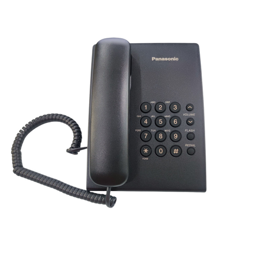 Panasonic KX-TS500MX black desk phone with corded handset and keypad buttons