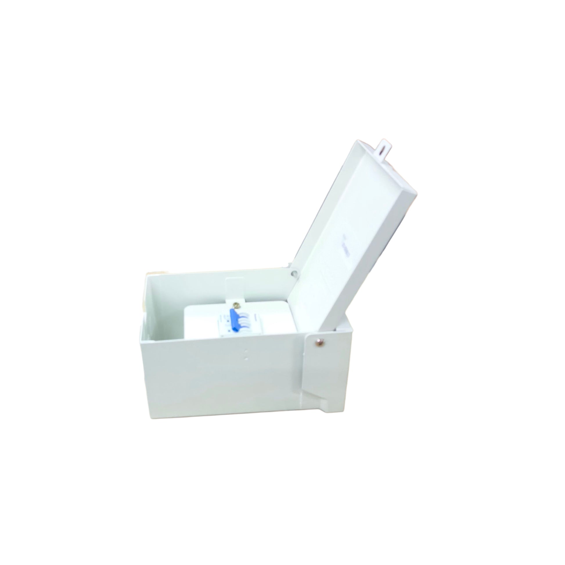 Panasonic outdoor circuit breaker 220V in a protective enclosure with a hinged lid