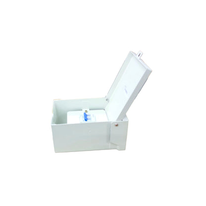 Panasonic outdoor circuit breaker 220V in a protective enclosure with a hinged lid