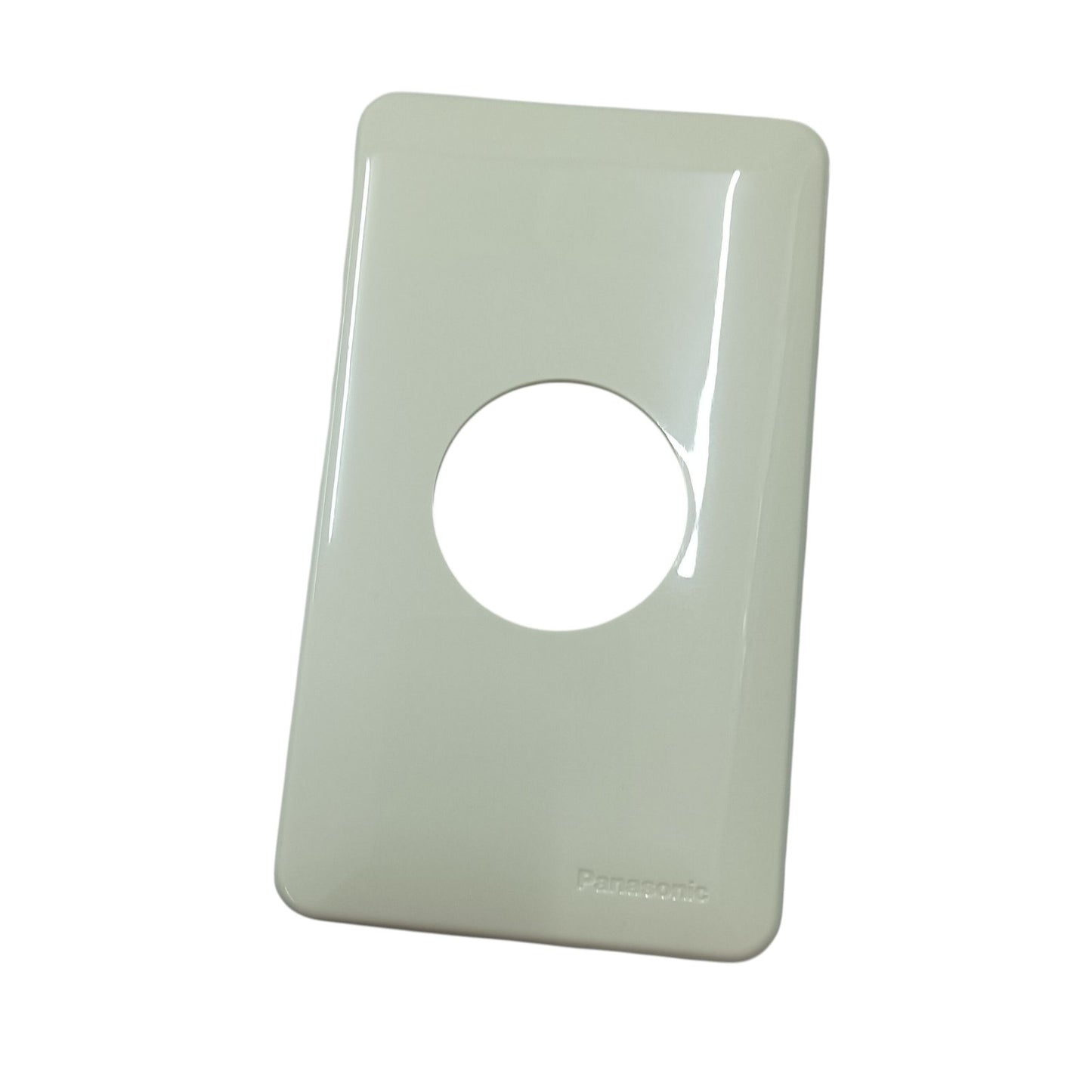White single gang wall plate with round cutout for Panasonic 15A twist lock outlet glossy finish