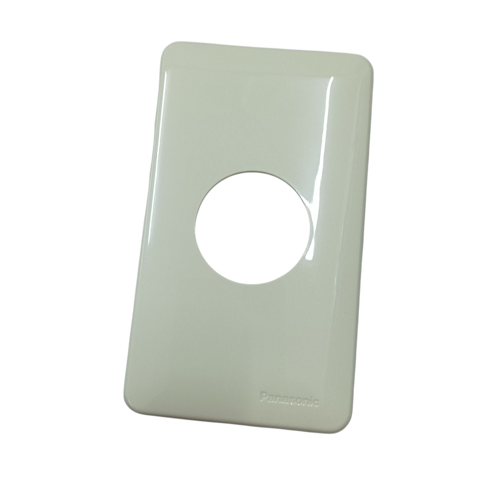 White single gang wall plate with round cutout for Panasonic 15A twist lock outlet glossy finish