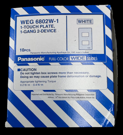 Panasonic 2 gang plate wide series white WEG 6802W1 box showing 1 touch 1 gang 2 device wall plate