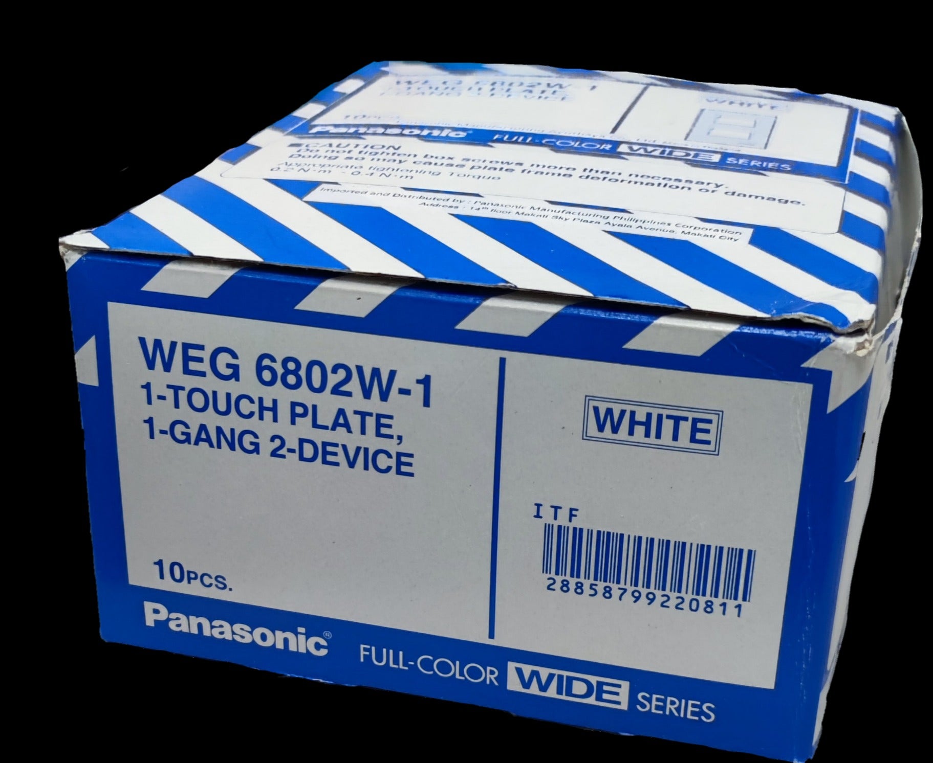 Box of Panasonic 2 gang plate wide series white 1 touch 1 gang 2 device model WEG 6802W 10pcs packaging