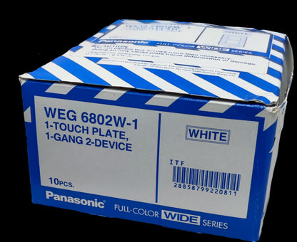 Box of Panasonic 2 gang plate wide series white 1 touch 1 gang 2 device model WEG 6802W 10pcs packaging