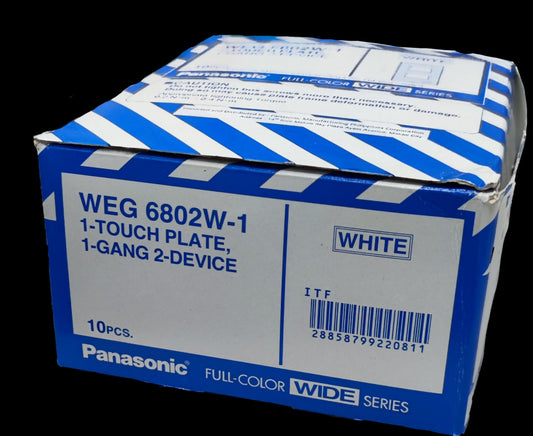 Box of Panasonic 2 gang plate wide series white 1 touch 1 gang 2 device model WEG 6802W 10pcs packaging
