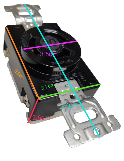 Panasonic 20A twist lock outlet WF2320 black industrial receptacle with metal mounting strap and measurements