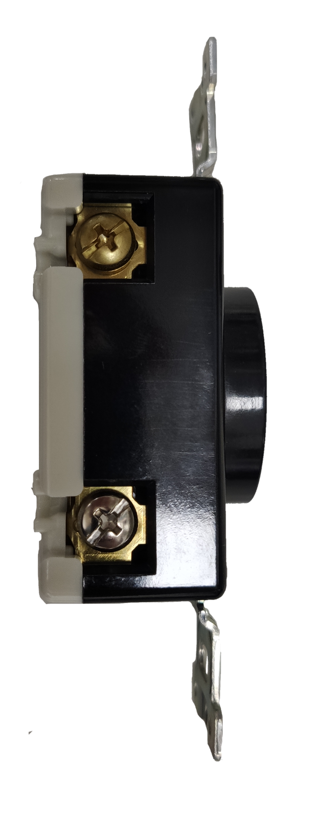 Panasonic 20A twist lock outlet WF2320 black housing with brass screw terminals and metal mounting straps