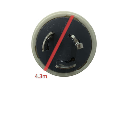 Panasonic 20A twist lock plug front view showing three curved contacts and red alignment mark 4.3m