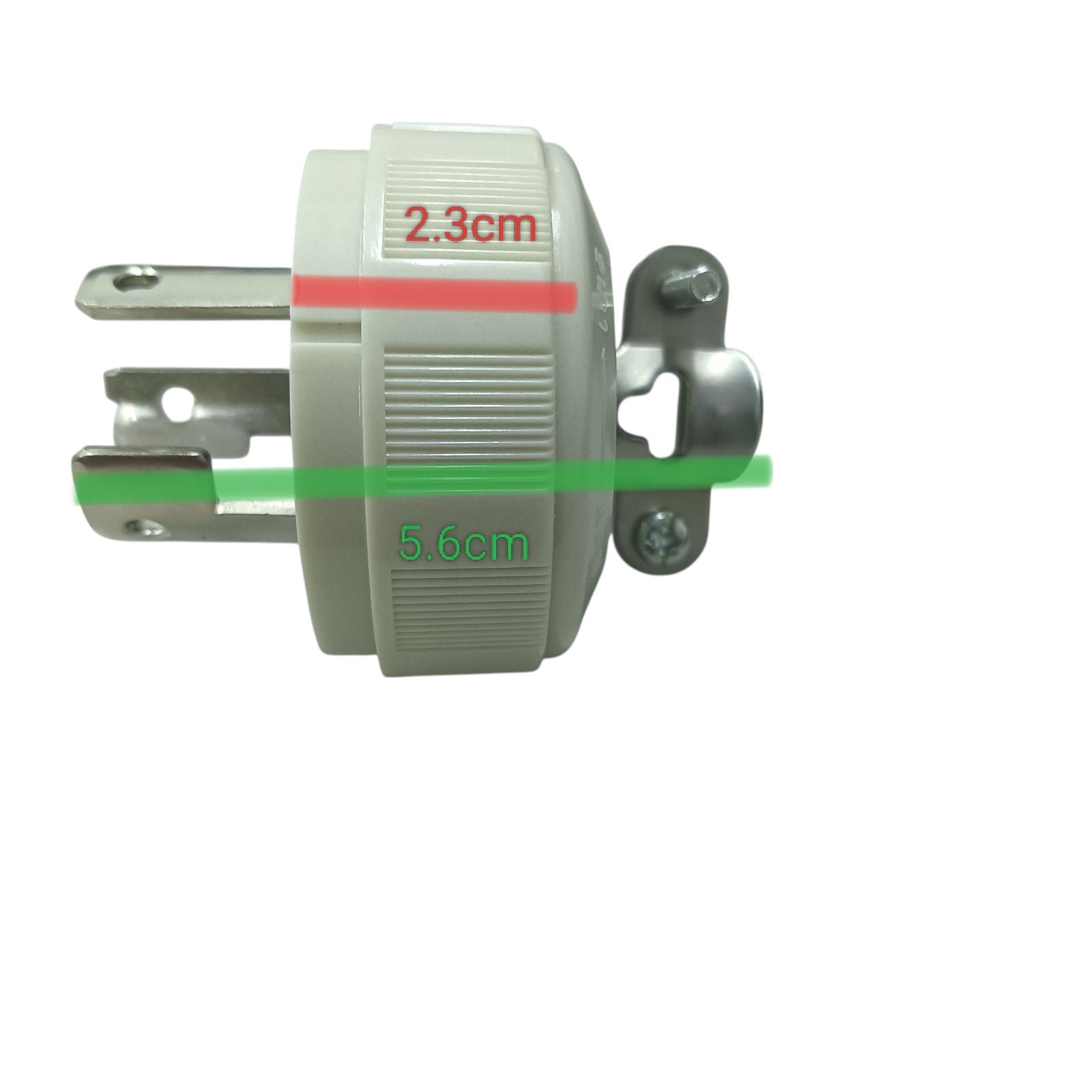 Panasonic 20A twist lock plug white three blade connector with mounting tab and labeled 2.3cm 5.6cm