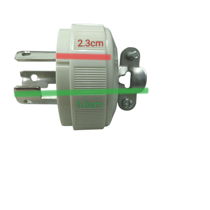 Panasonic 20A twist lock plug white three blade connector with mounting tab and labeled 2.3cm 5.6cm