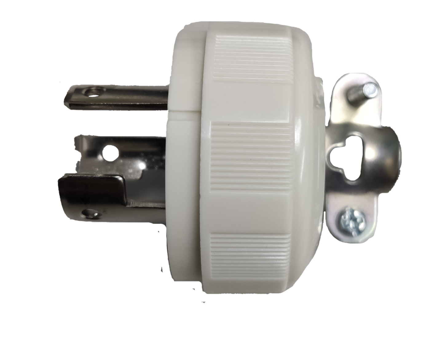 Panasonic 20A twist lock plug white round housing with metal blades and mounting bracket side view