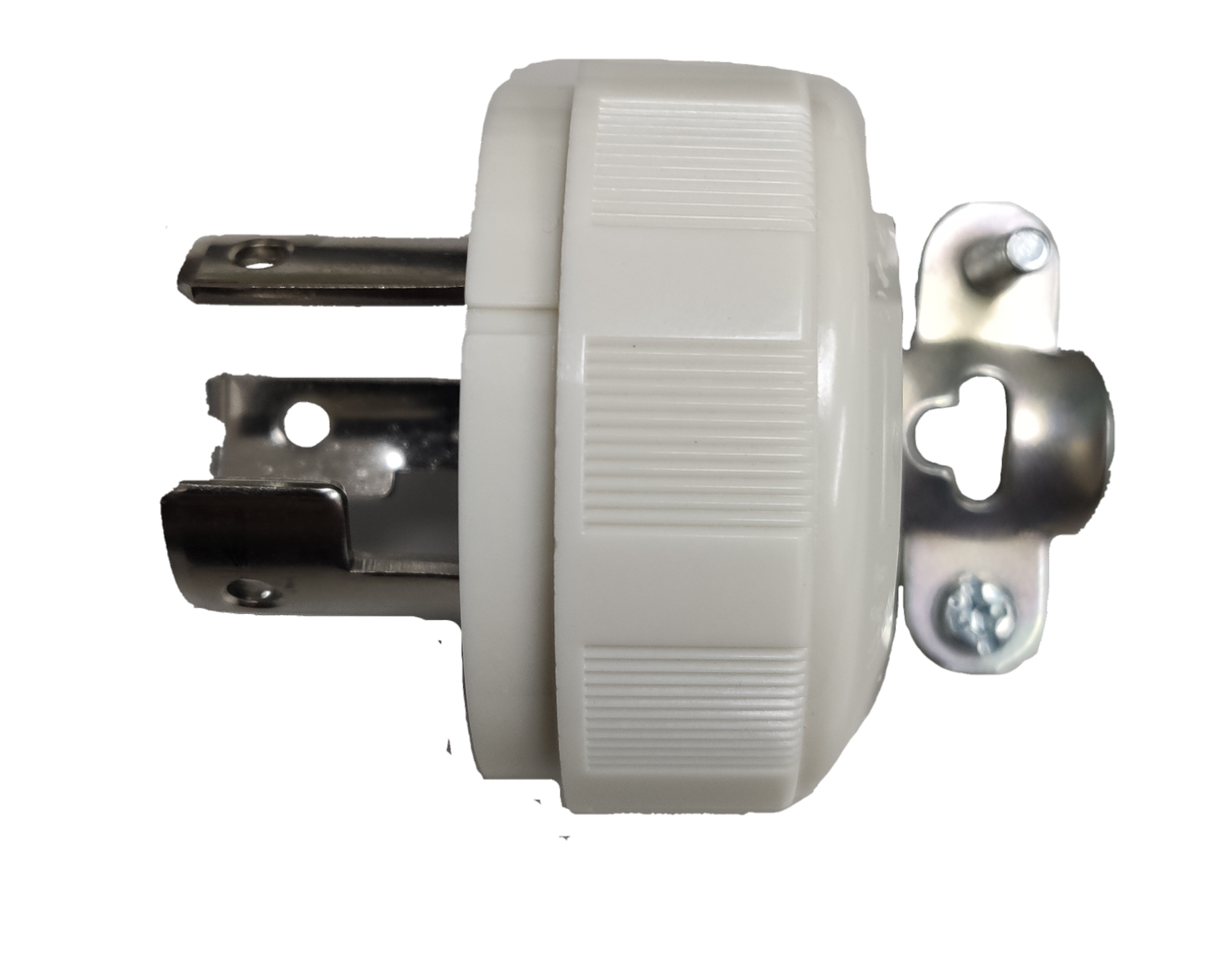 Panasonic 20A twist lock plug white round housing with metal blades and mounting bracket side view
