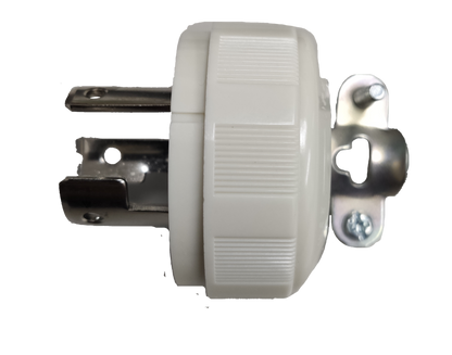 Panasonic 20A twist lock plug white round housing with metal blades and mounting bracket side view