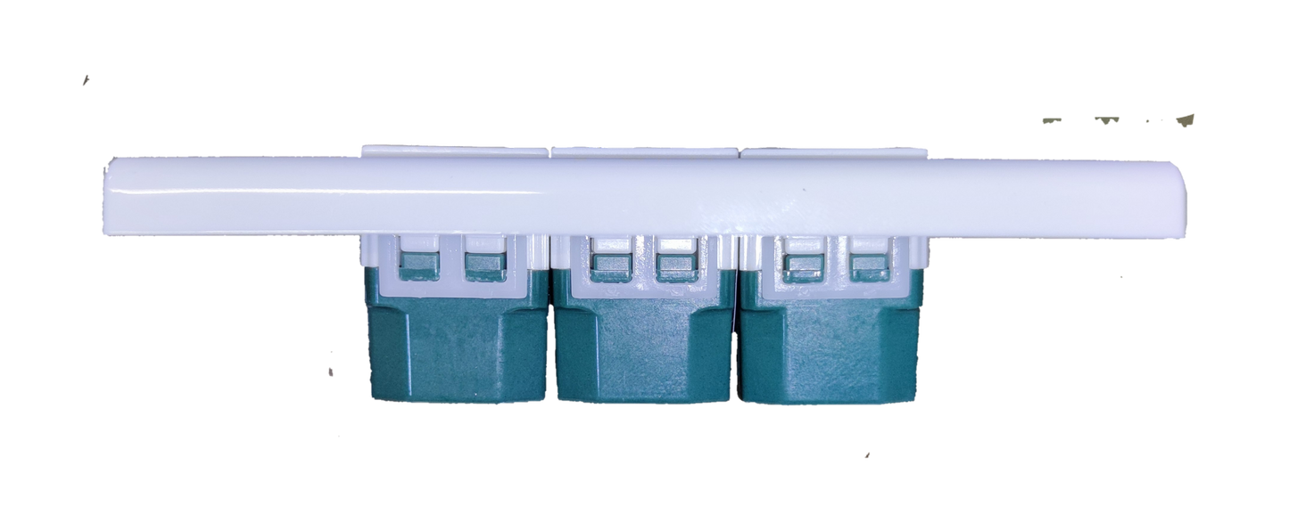 Panasonic 3 gang universal outlet white faceplate with three green modular sockets on black background