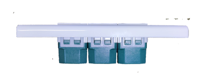 Panasonic 3 gang universal outlet white faceplate with three green modular sockets on black background