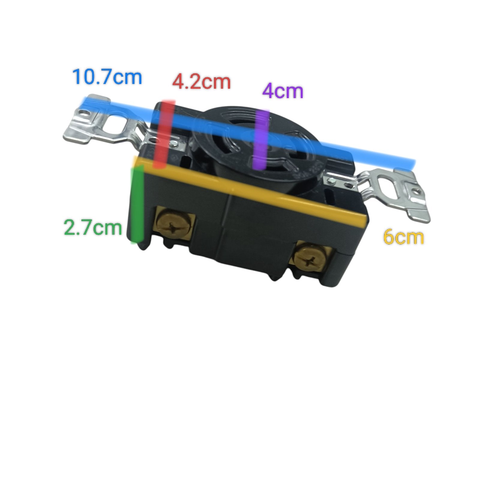 Panasonic 30A twist lock outlet 4 Wire black industrial receptacle with mounting brackets and dimension labels