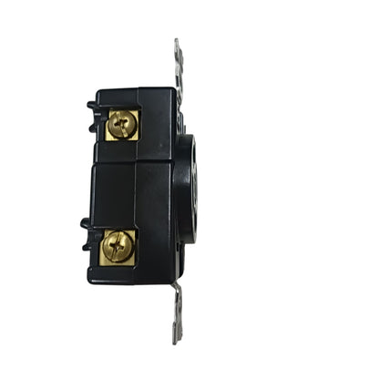 Panasonic 30A twist lock outlet 4 Wire black industrial receptacle side view with brass terminal screws and mounting ears