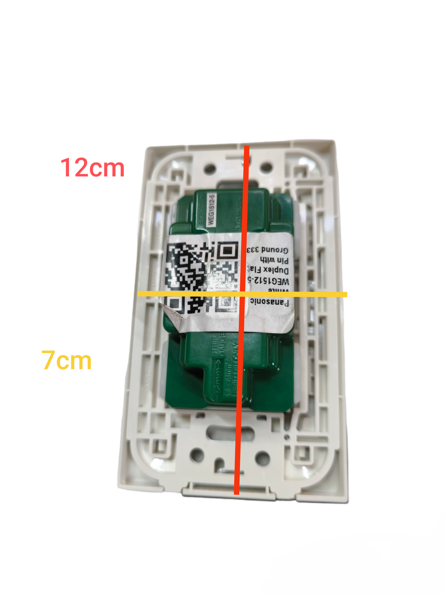 Panasonic duplex outlet 16A 250V rear view white faceplate with green module showing 12cm by 7cm measurements