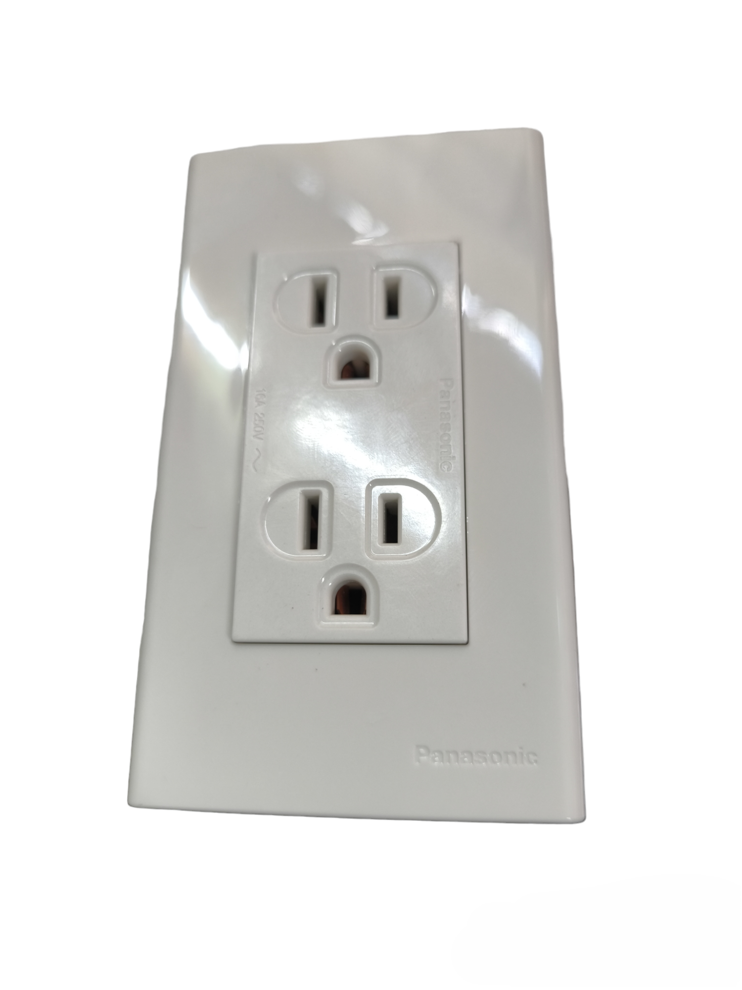 White Panasonic duplex outlet 16A 250V wall receptacle with dual grounded sockets and glossy faceplate
