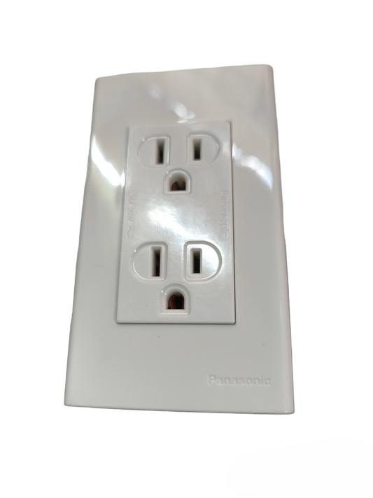 White Panasonic duplex outlet 16A 250V wall receptacle with dual grounded sockets and glossy faceplate