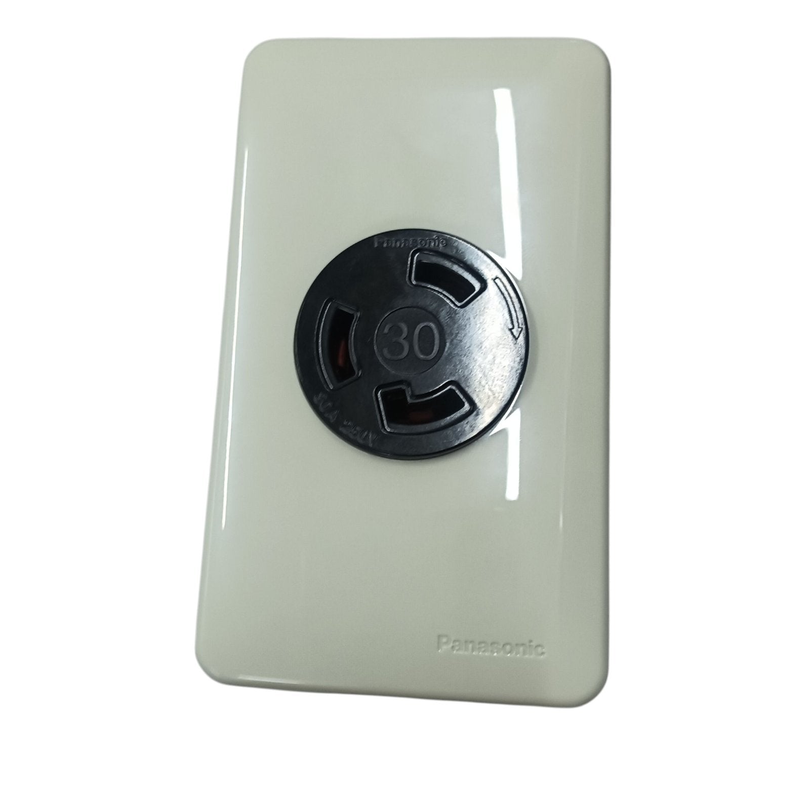 Panasonic twist lock outlet 30A 250V mounted in white rectangular faceplate with black 30A circular receptacle