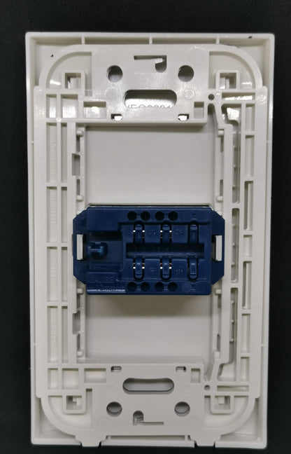 Panasonic Telephone Outlet Wide Series 1 Gang white wall plate back view with blue connector and mounting frame