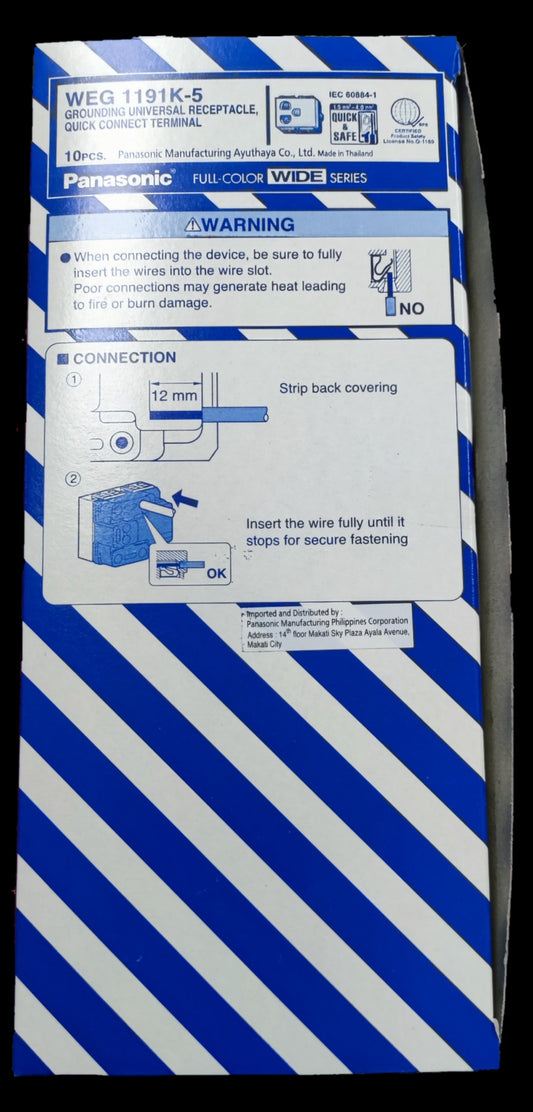 Panasonic Universal Receptacle Quick Connect Terminal packaging with connection instructions