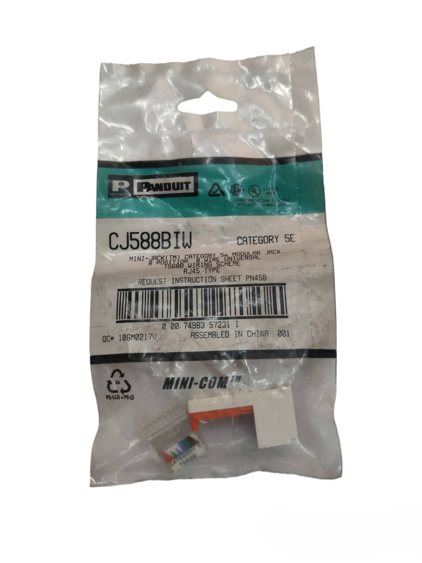 Panduit CAT5e Modular Jack packaged in clear plastic bag with product code CJ588BTW