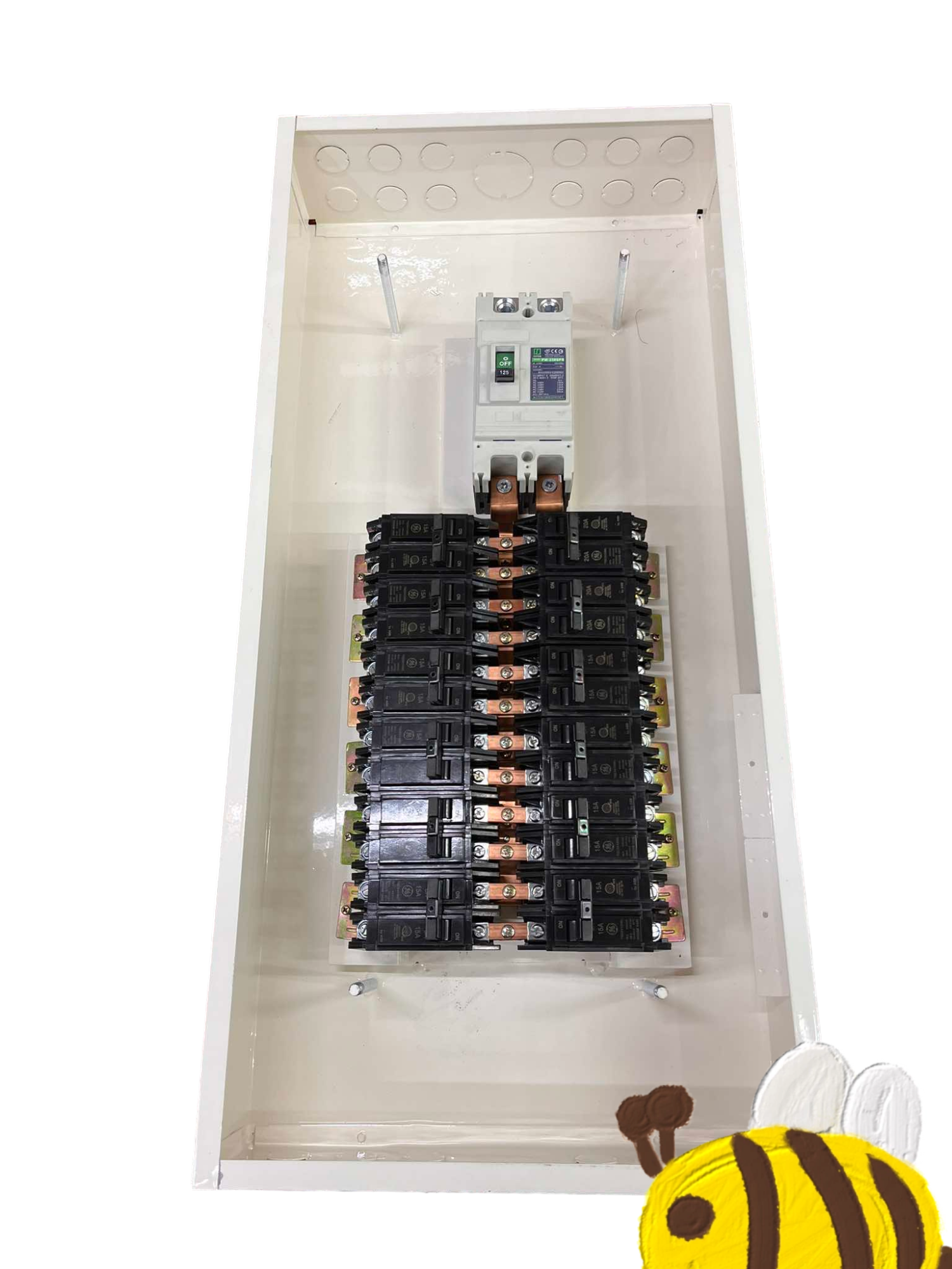 Koten and GE electrical Panel Board 175A 250SP 2Pole Main with multiple circuit breakers inside white enclosure