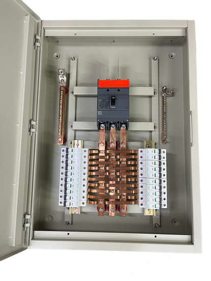 Panel Board 250A 3 Pole MCCB electrical circuitry with copper busbars inside metal enclosure