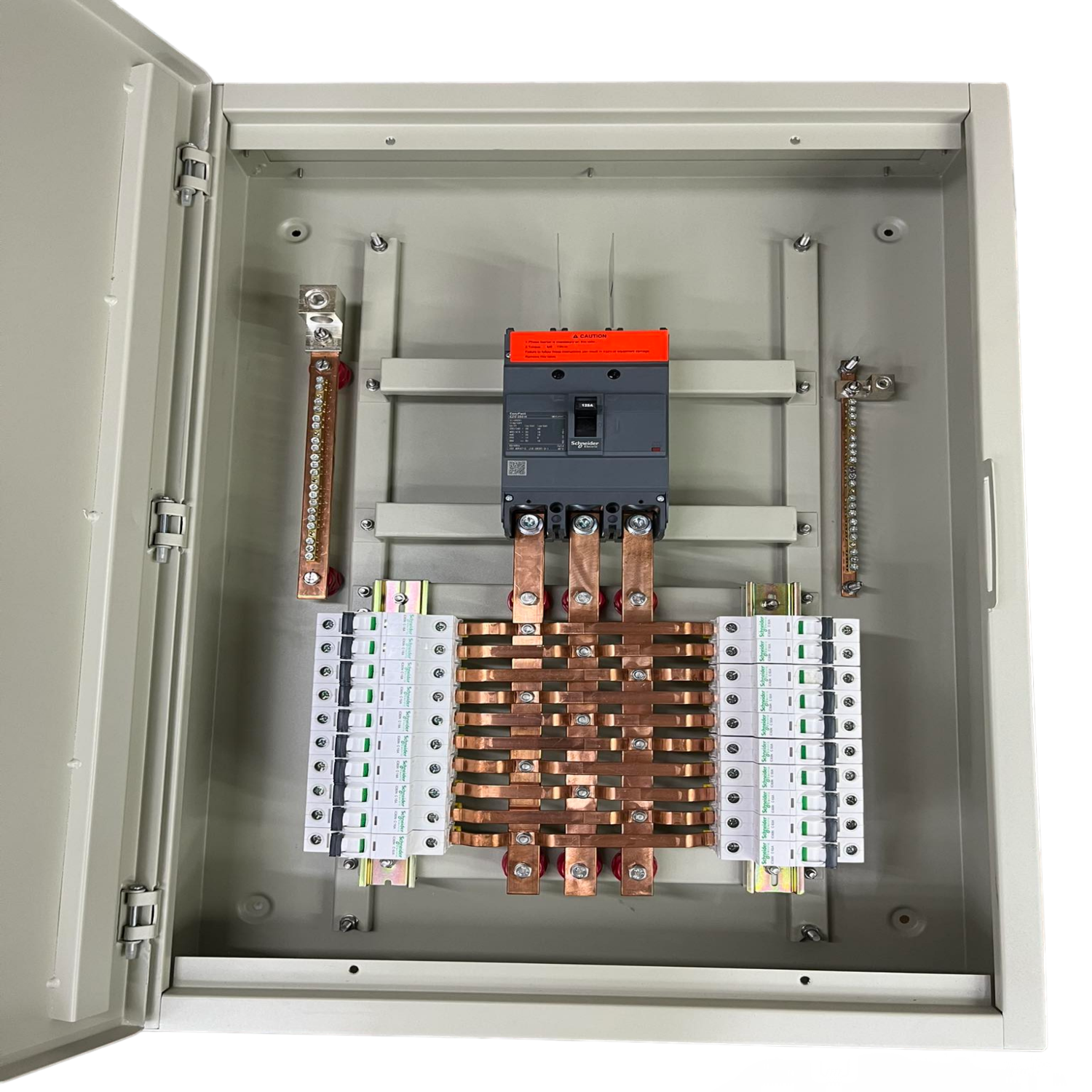 Schneider and Royu Panel Board 250A 3 Pole MCCB with copper busbars and circuit breakers inside a gray metal enclosure