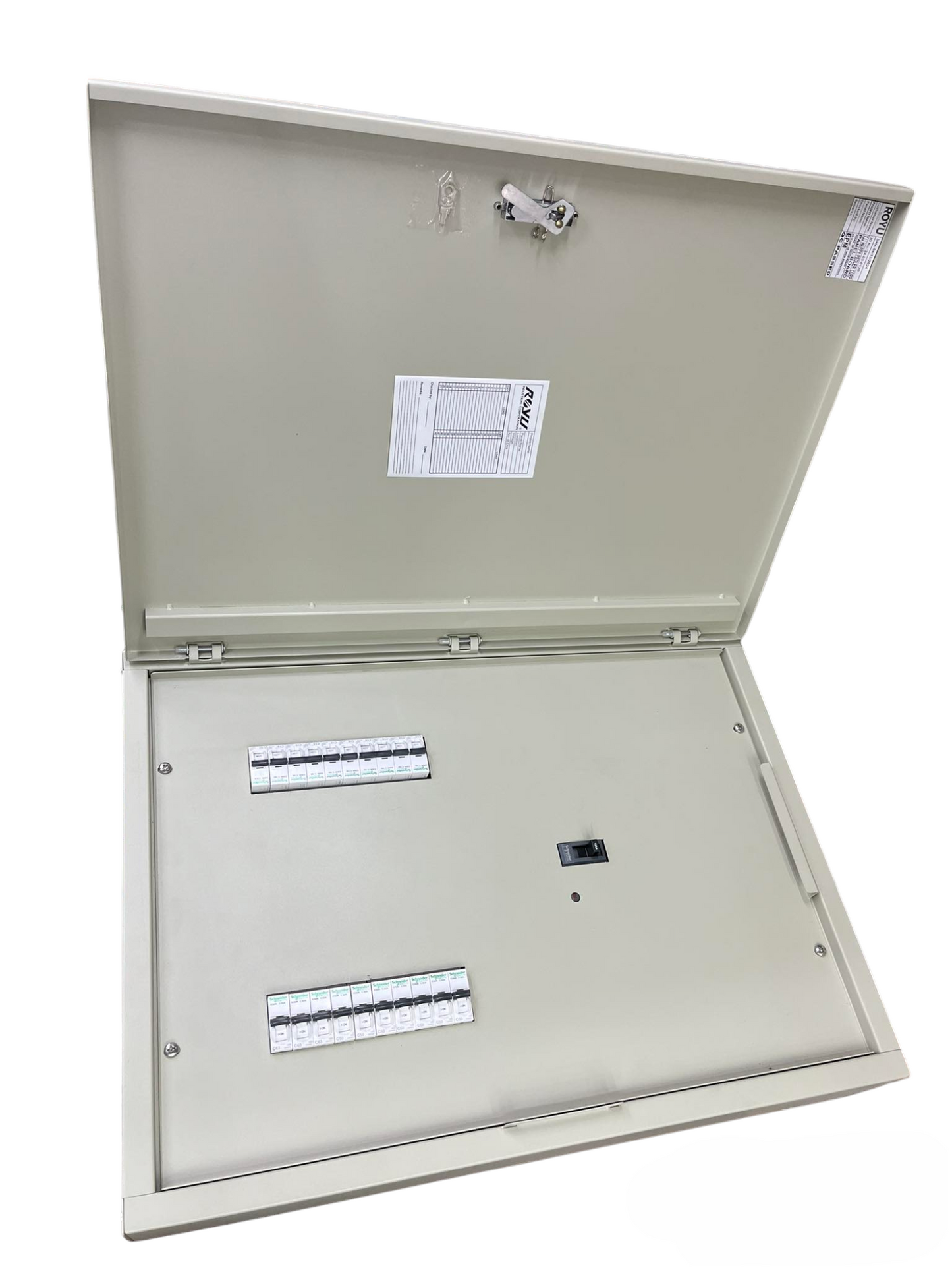 Schneider & Royu Panel Board 250A 3 Pole MCCB Main with open cover showcasing interior terminals