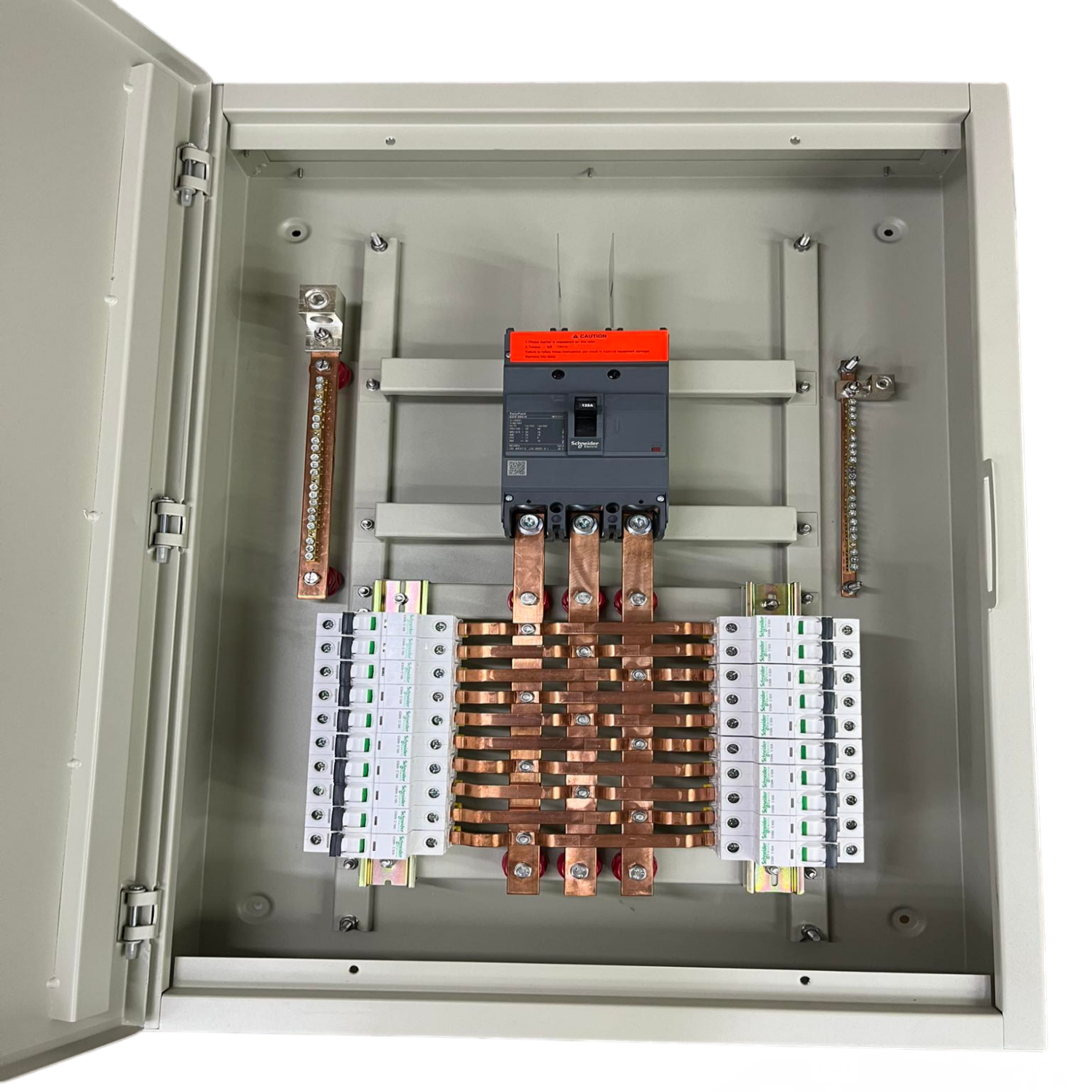 Schneider and Royu Panel Board 250A 3 Pole MCCB Main with copper busbars and circuit breakers in an electrical enclosure