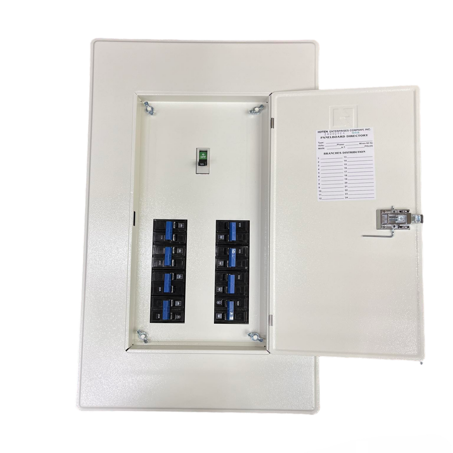 Koten & Taiyou 250A panel board with circuit breakers in a white enclosure for electrical distribution